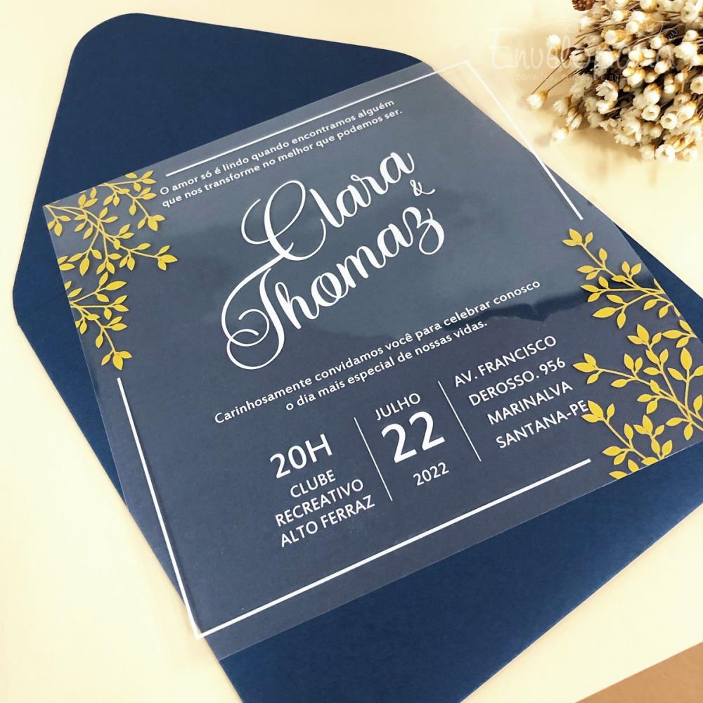 Convite Transparente Branco, Dourado e Azul - Golden Night