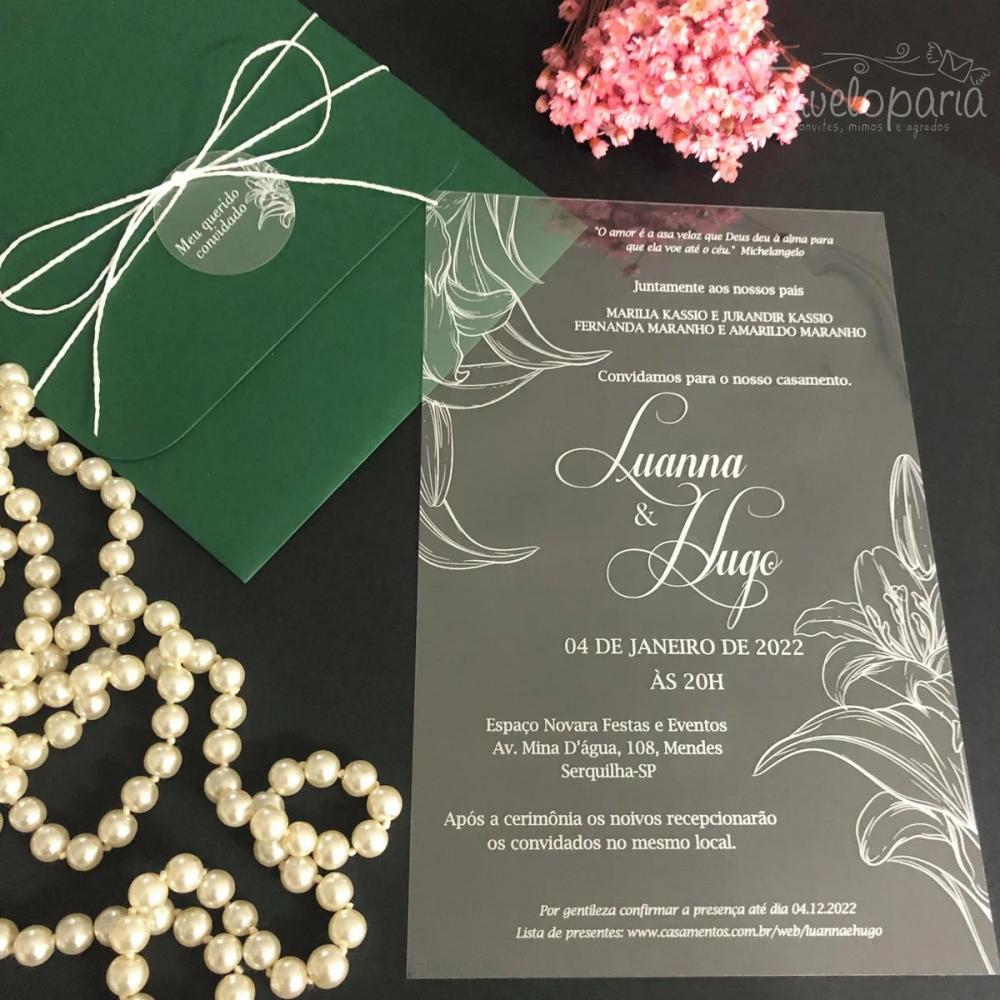 Convite Transparente Floral Branco Envelope Verde