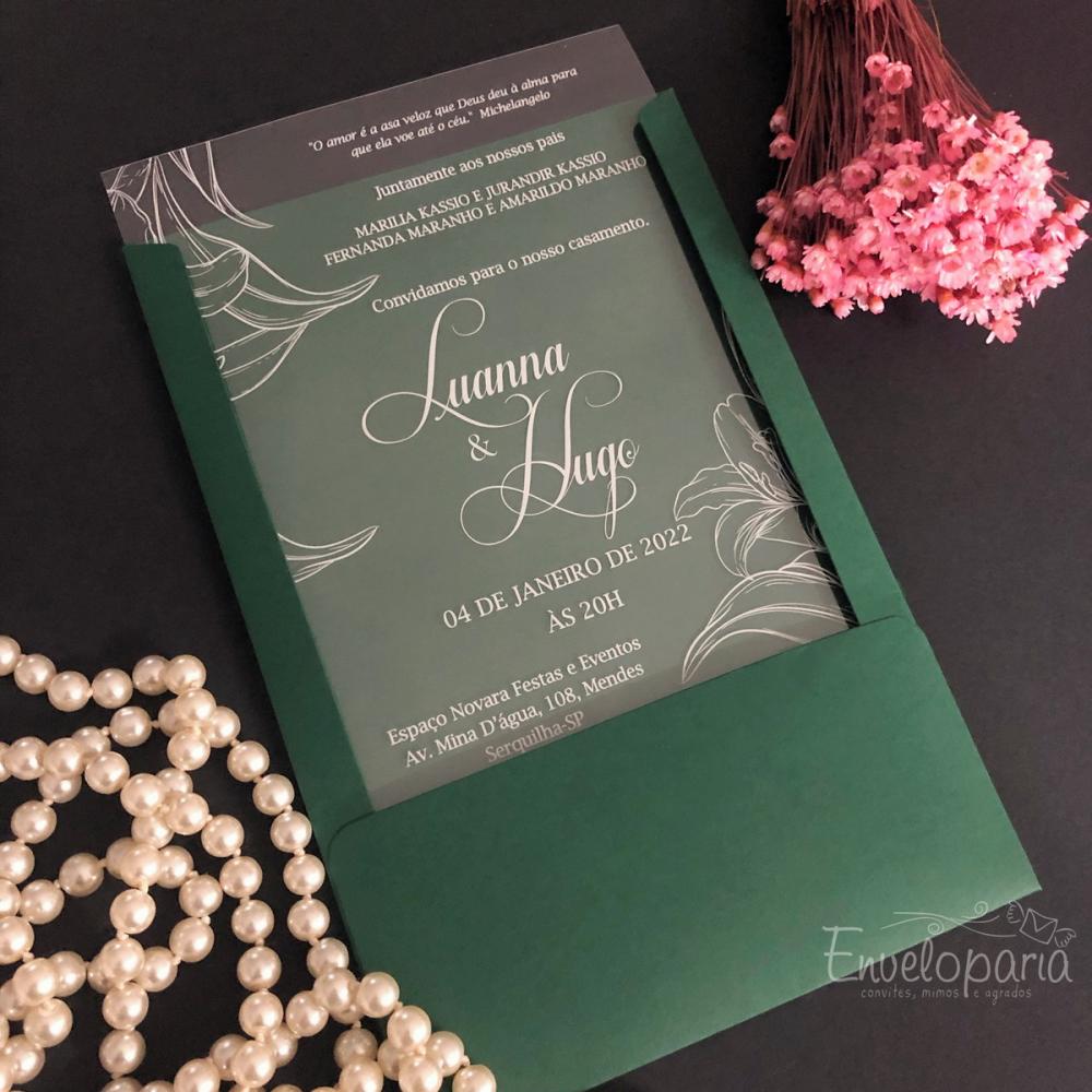 Convite Transparente Floral Branco Envelope Verde
