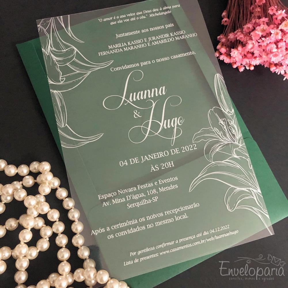 Convite Transparente Floral Branco Envelope Verde