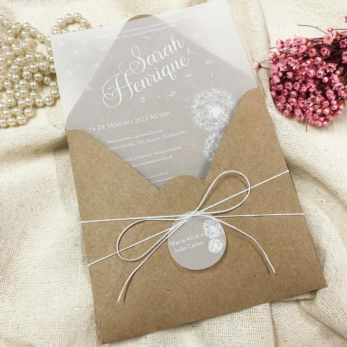 Convite Vegetal em Branco Envelope Kraft Dente de Leão