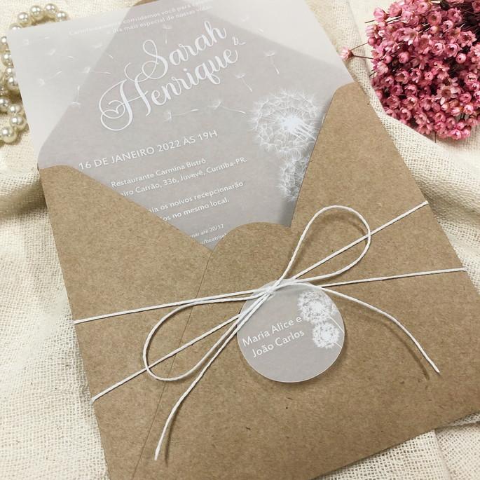 Convite Vegetal em Branco Envelope Kraft Dente de Leão
