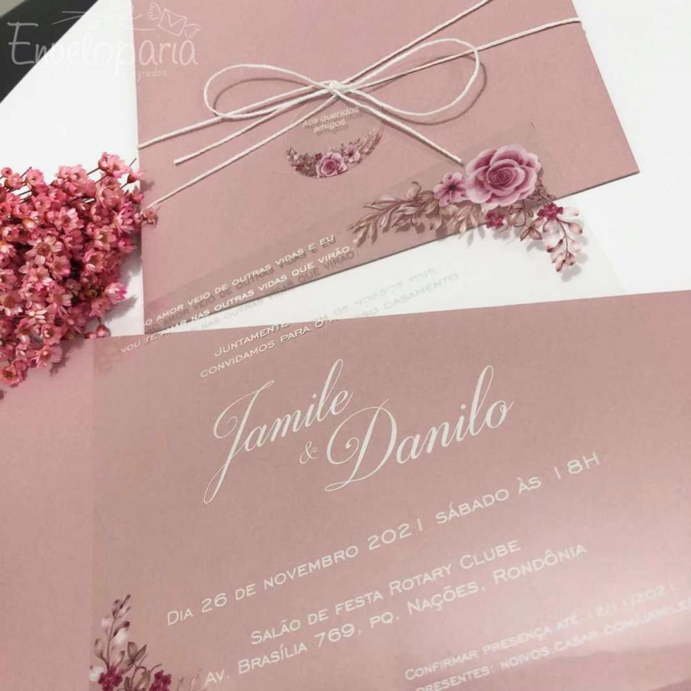 Convite Transparente Impressão Branca Rosas Envelope Rosé