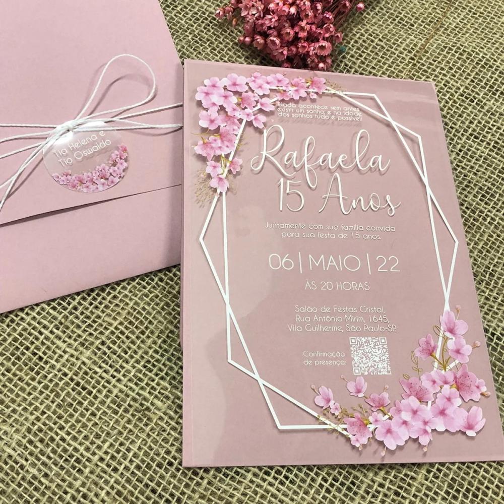 Convite Transparente 15 Anos Cerejeiras Envelope Rosé