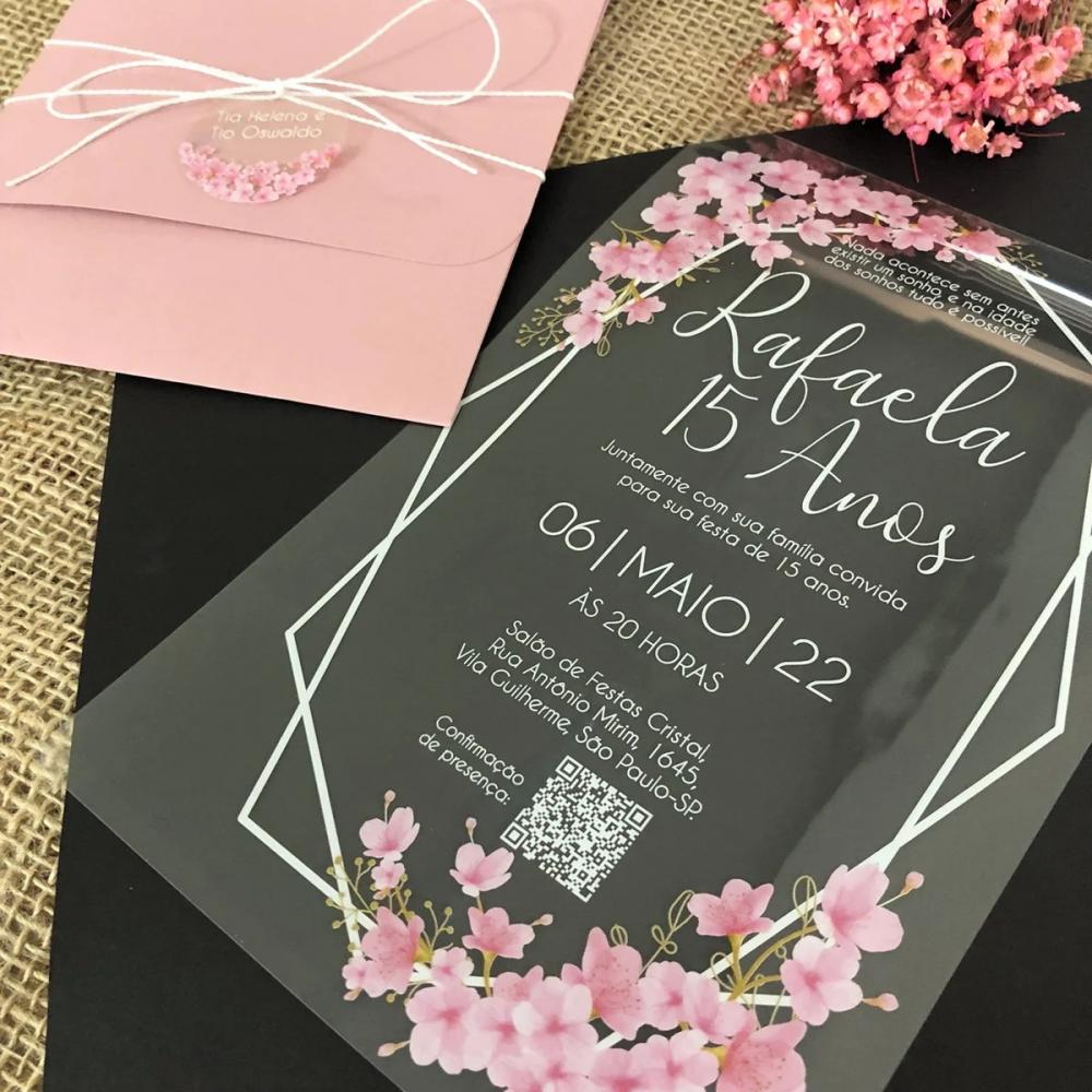 Convite Transparente 15 Anos Cerejeiras Envelope Rosé