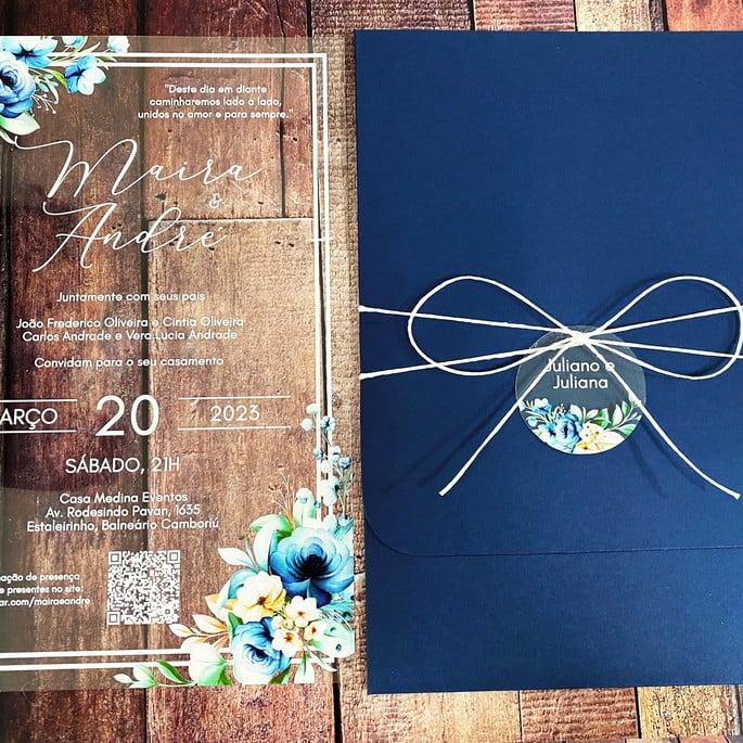 Convite Transparente Flor Azul, Amarelas e Folhagens