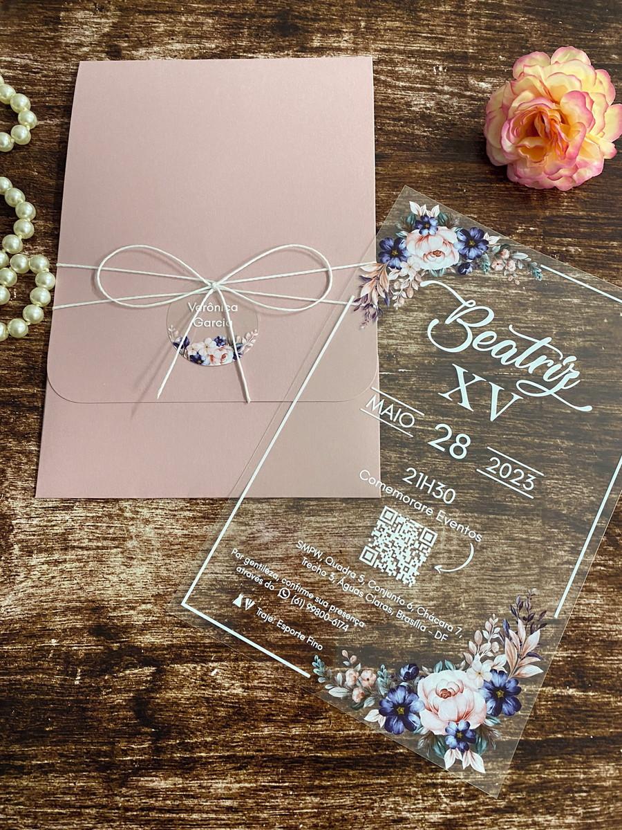 Convite 15 Anos Transparente Floral Rosé e Azul