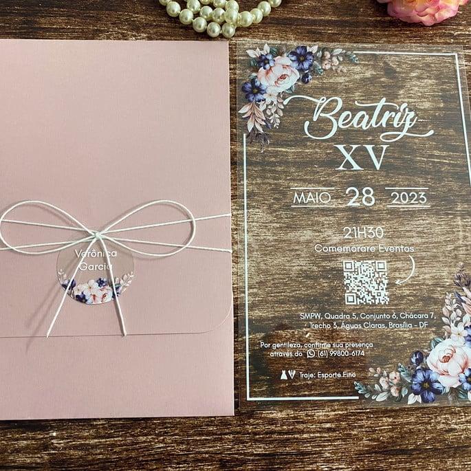 Convite 15 Anos Transparente Floral Rosé e Azul