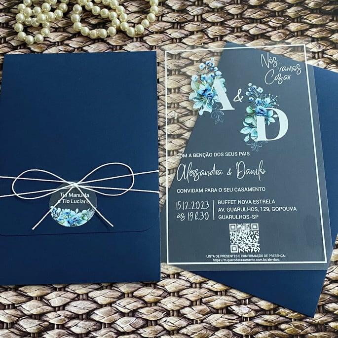 Convite Casamento Transparente Flor Azul