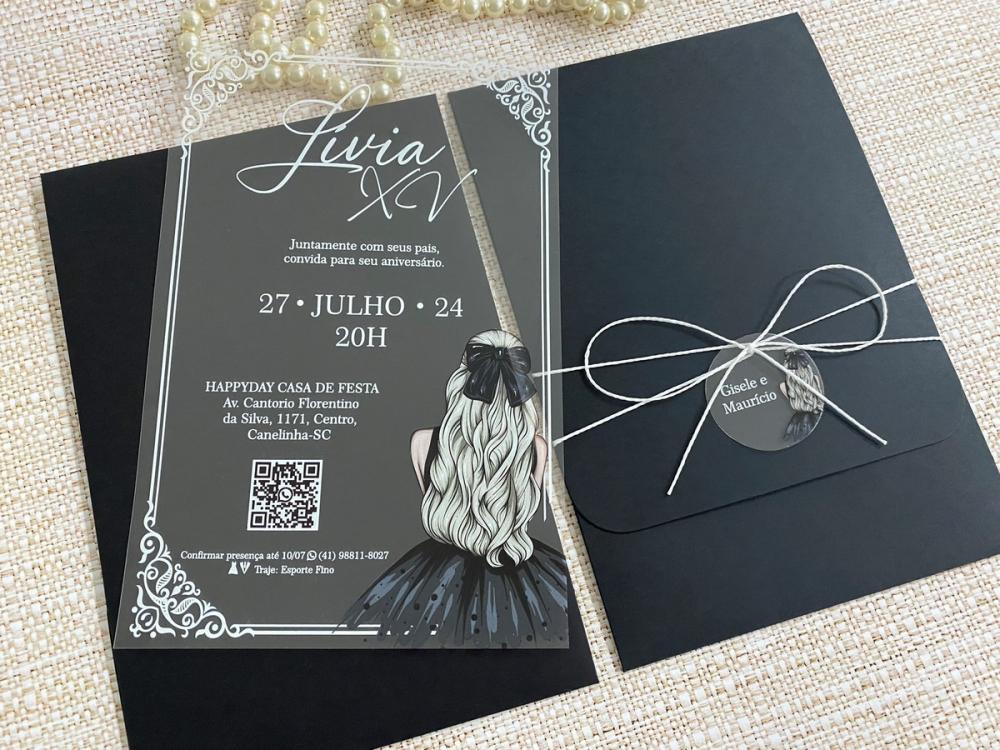 Convite 15 Anos Transparente Menina Vestido Preto