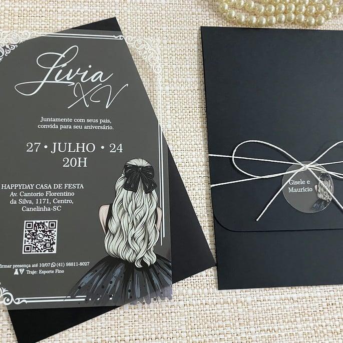 Convite 15 Anos Transparente Menina Vestido Preto