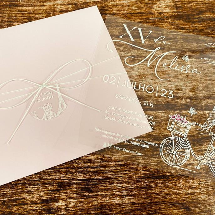 Convite Transparente 15 Anos Paris Envelope Rosa