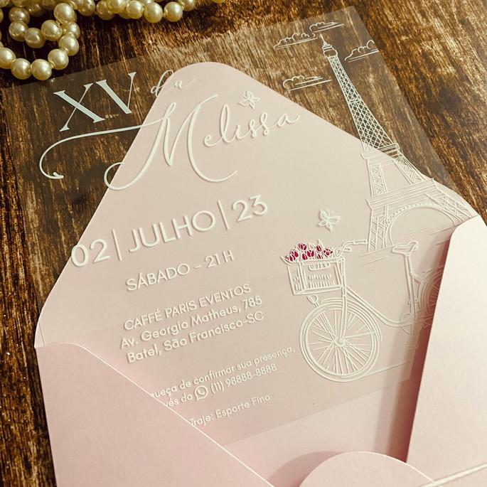 Convite Transparente 15 Anos Paris Envelope Rosa