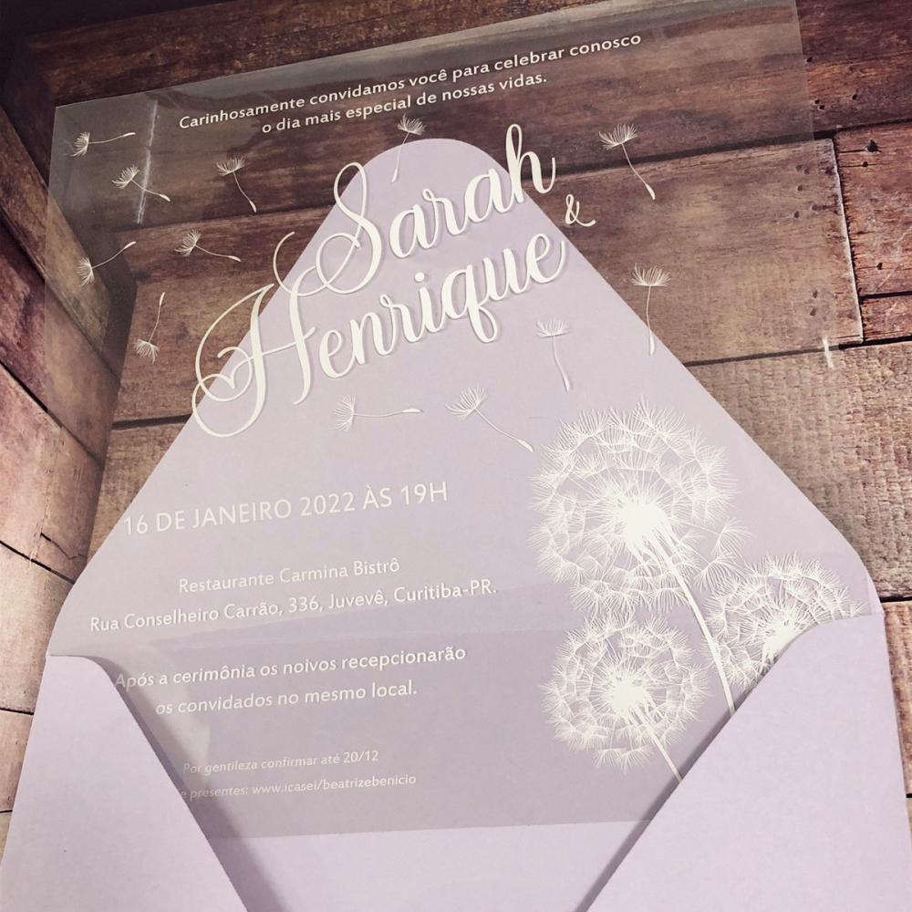 Convite Transparente Dente de Leão Branco Envelope Lilás