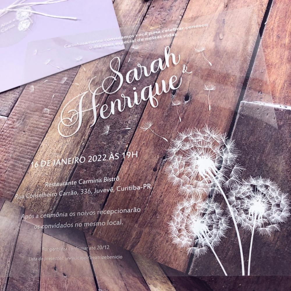 Convite Transparente Dente de Leão Branco Envelope Lilás