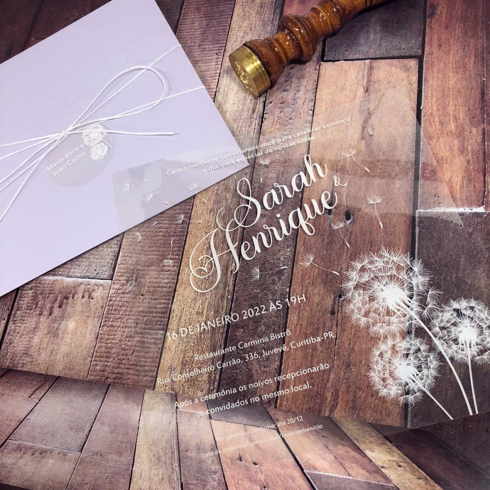 Convite Transparente Dente de Leão Branco Envelope Lilás