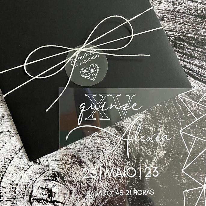 Convite 15 Anos Transparente Geométrico Envelope Preto