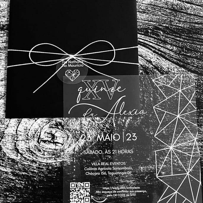 Convite 15 Anos Transparente Geométrico Envelope Preto