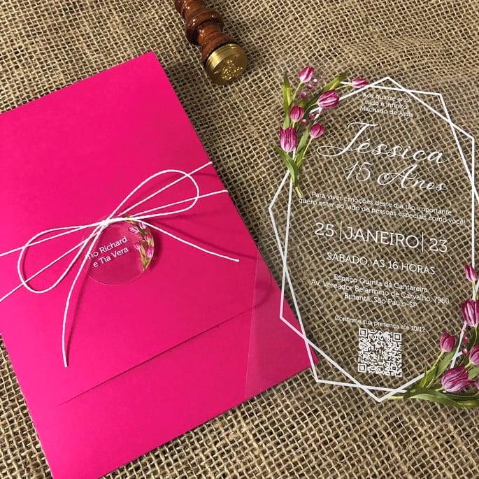 Convite Transparente 15 Anos Tulipas Envelope Pink Fucsia