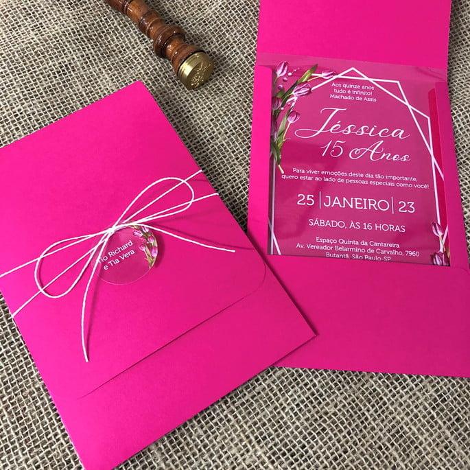 Convite Transparente 15 Anos Tulipas Envelope Pink Fucsia