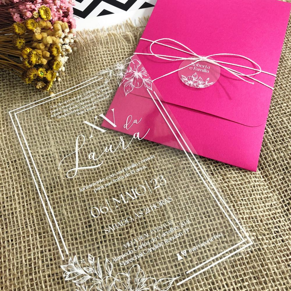 Convite 15 Anos Transparente Branco e Pink