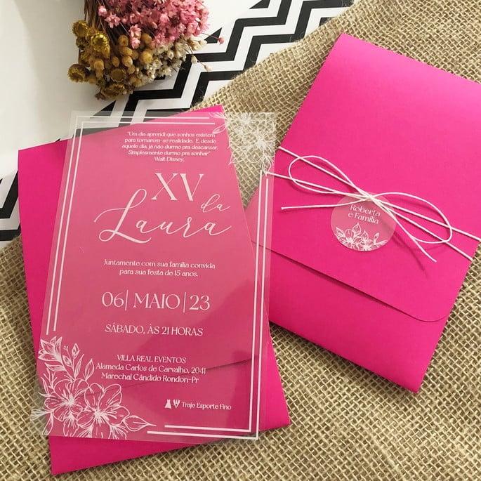 Convite 15 Anos Transparente Branco e Pink