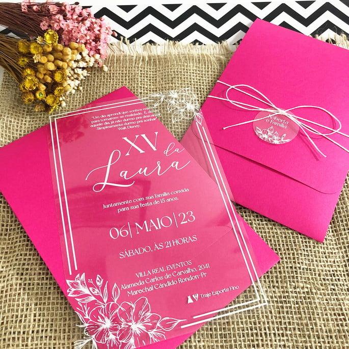 Convite 15 Anos Transparente Branco e Pink