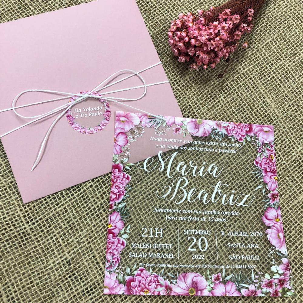 Convite Transparente 15 Anos Primavera Envelope Rosa