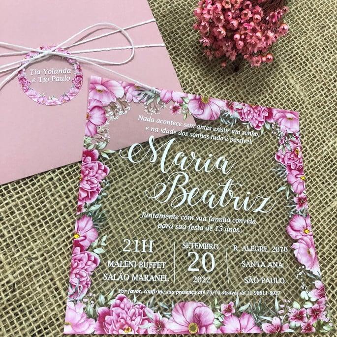 Convite Transparente 15 Anos Primavera Envelope Rosa