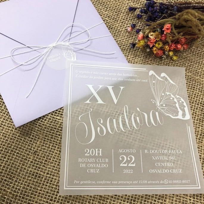 Convite 15 Anos Lilás com Vegetal em Branco