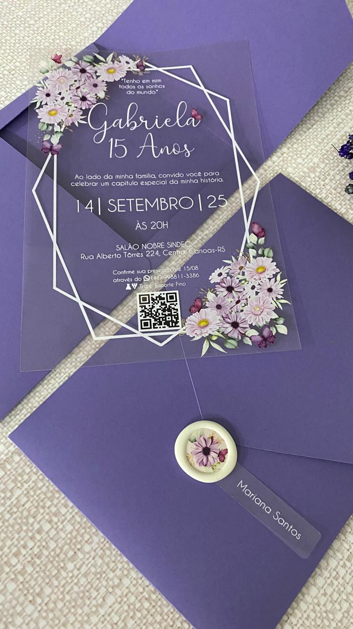 Convite Transparente 15 Anos, Flores Lilás e Lacre de Cera