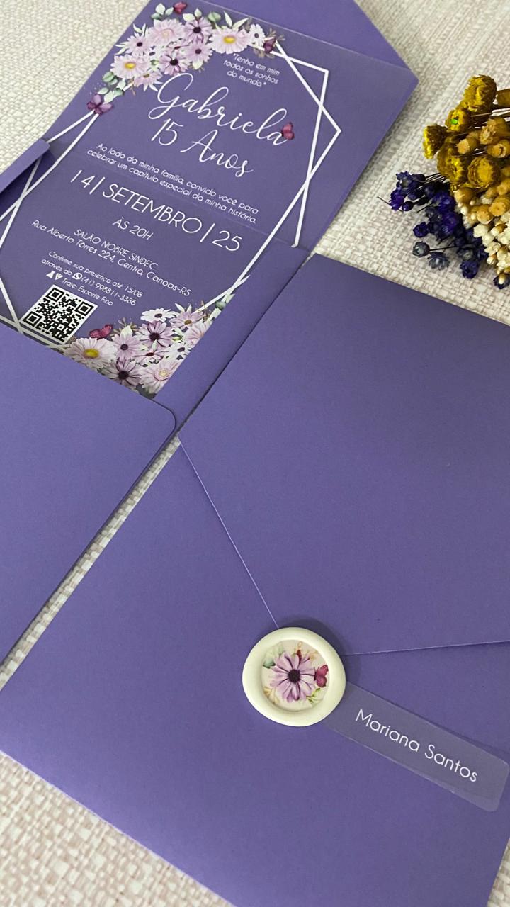 Convite Transparente 15 Anos, Flores Lilás e Lacre de Cera
