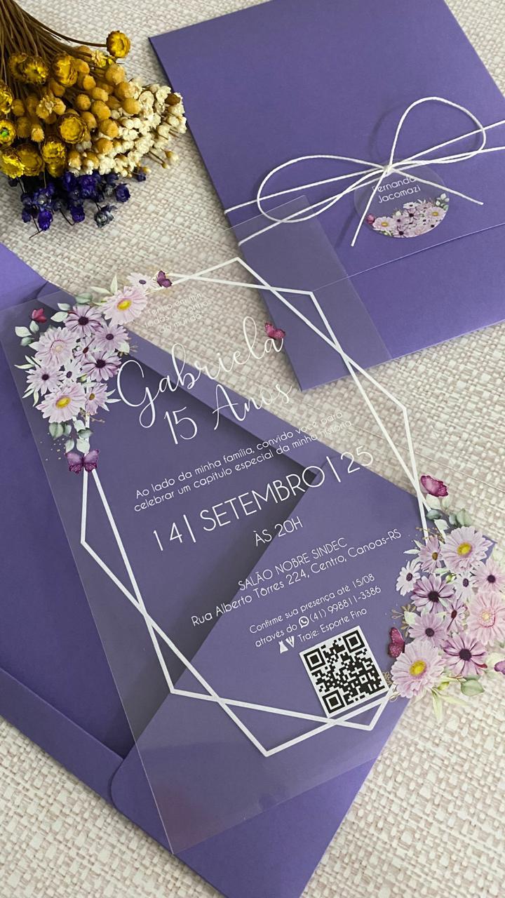 Convite 15 Anos Transparente Flores Lilás e Borboleta
