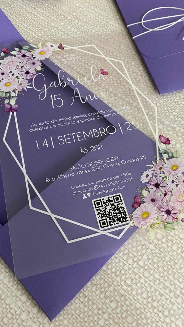 Convite 15 Anos Transparente Flores Lilás e Borboleta
