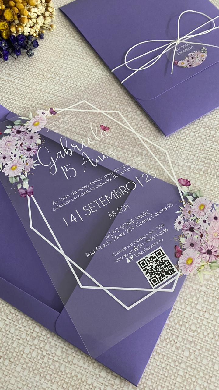 Convite 15 Anos Transparente Flores Lilás e Borboleta