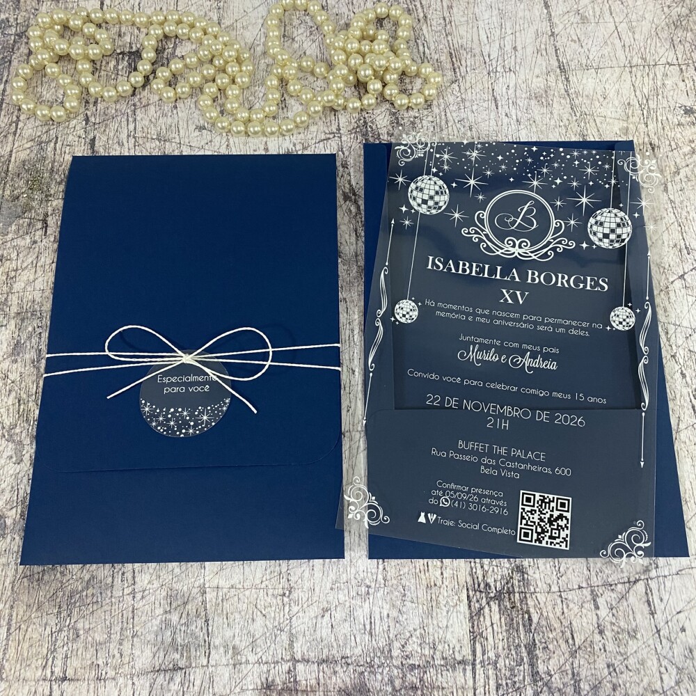 Convite Transparente 15 Anos Elegance Blue