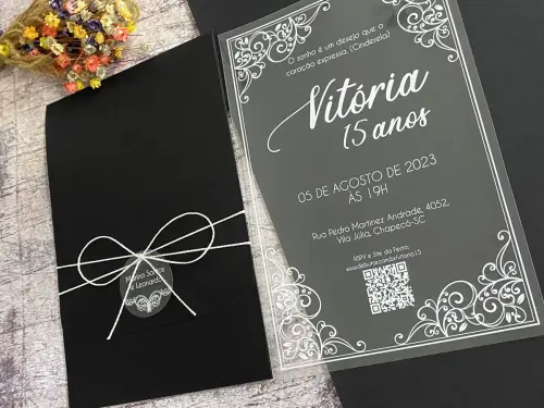 Convite 15 Anos Transparente Arabesco Envelope Preto