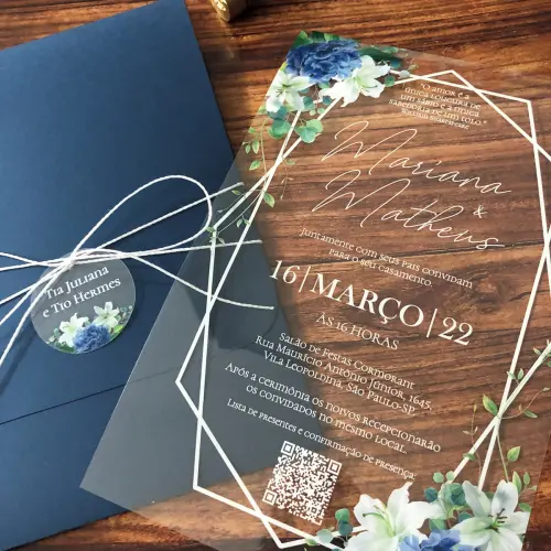 Convite Transparente Hortênsias e Envelope Azul Marinho