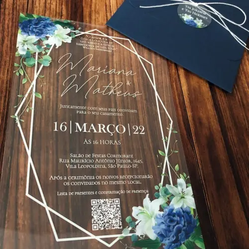 Convite Transparente Hortênsias e Envelope Azul Marinho