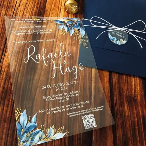 Convite Transparente Folhagens e Envelope Azul