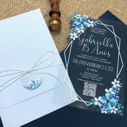 Convite Transparente Flor Azul 15 Anos