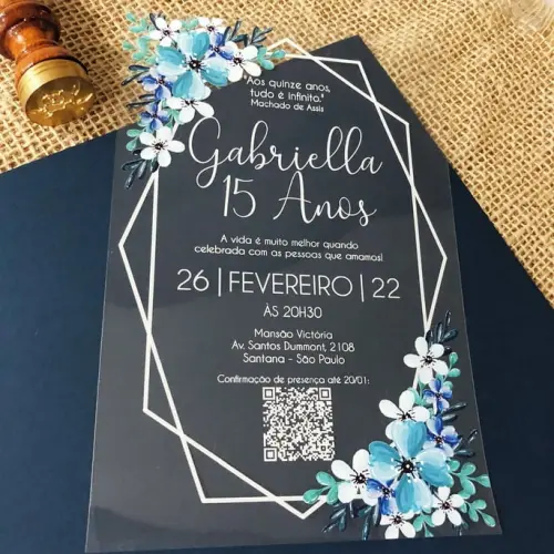 Convite Transparente Flor Azul 15 Anos