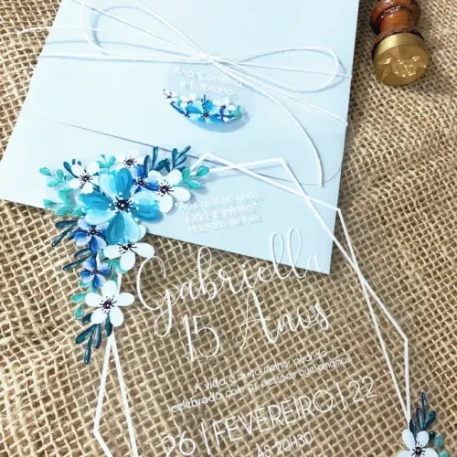 Convite Transparente Flor Azul 15 Anos