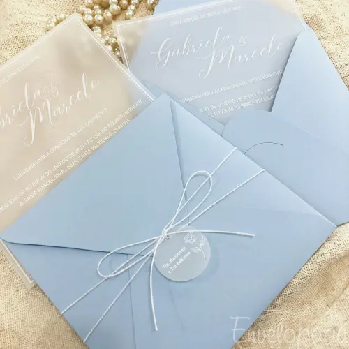 Convite de Casamento Azul Serenity com Vegetal em