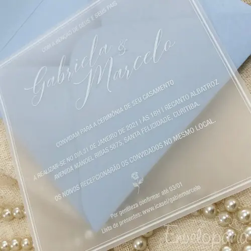 Convite de Casamento Azul Serenity com Vegetal em