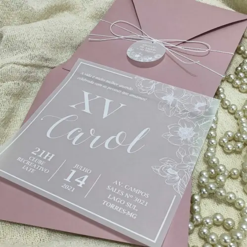 Convite 15 Anos Rosé com Vegetal em Branco