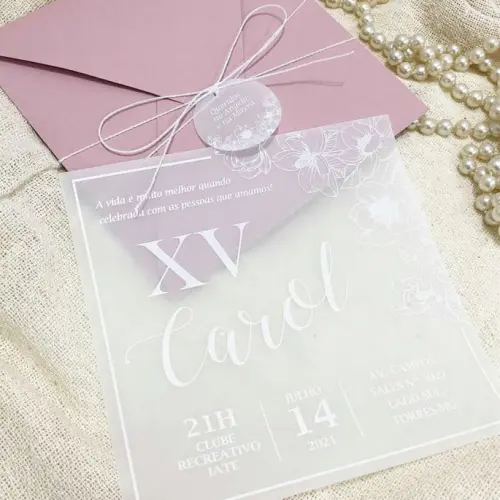 Convite 15 Anos Rosé com Vegetal em Branco