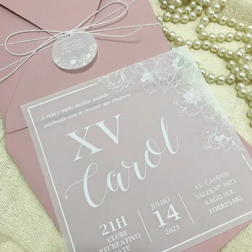 Convite 15 Anos Rosé com Vegetal em Branco