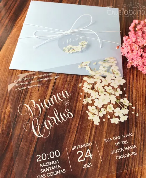 Convite Transparente Cerejeiras Envelope Azul Serenity