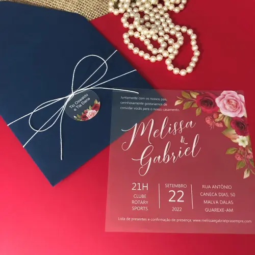 Convite Casamento Transparente Floral e Envelope Azul